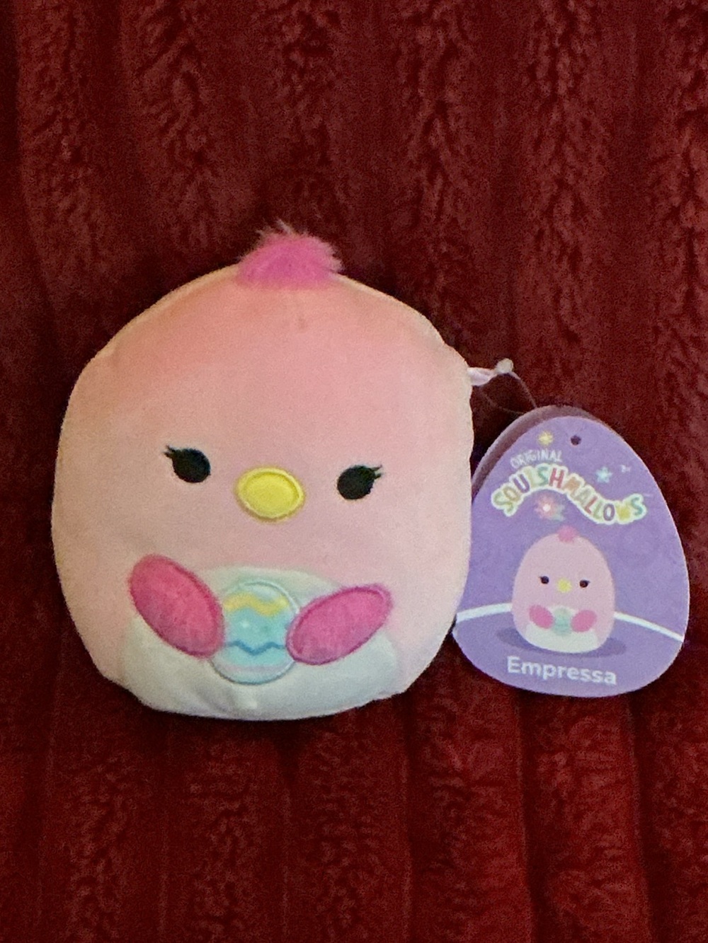 Mini Squishmallow Pink Empressa Plush with Yellow Beak and Purple Tag